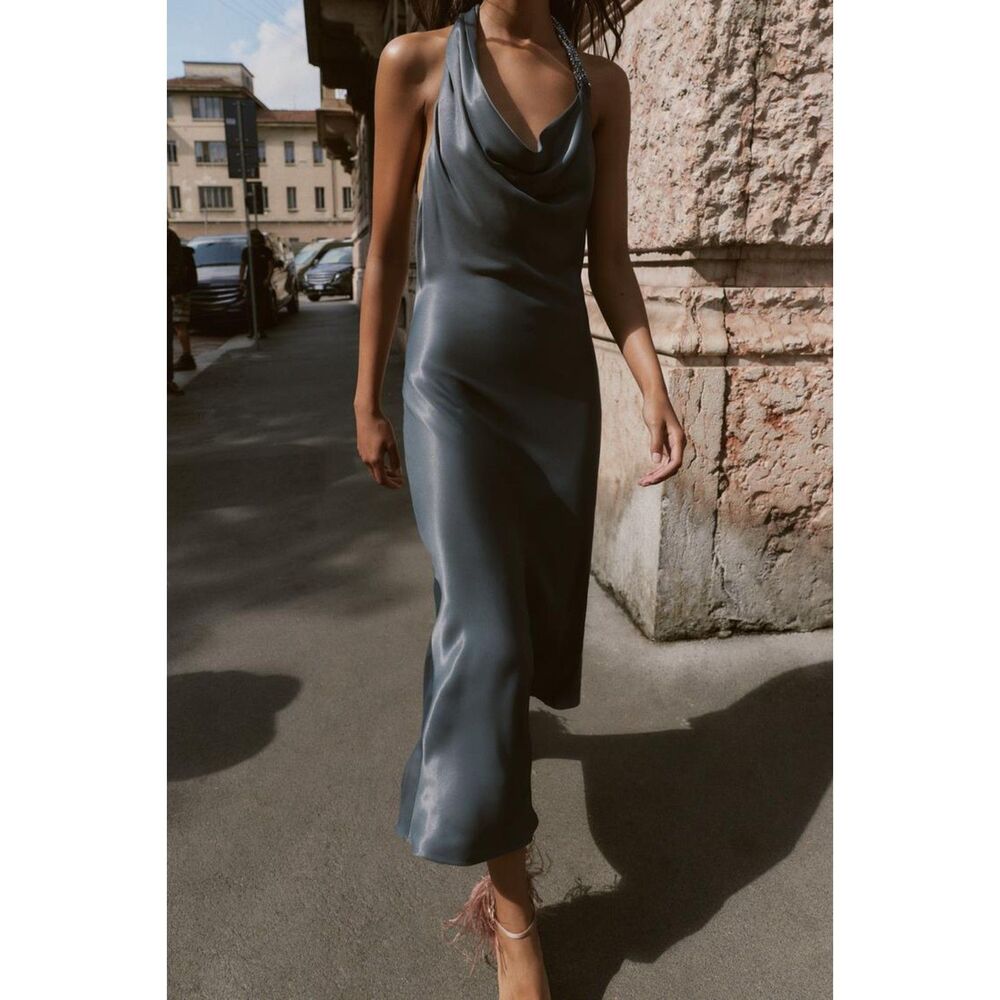 NWT ZARA ASYMMETRIC BEADED SATIN EFFECT MIDI DRESS